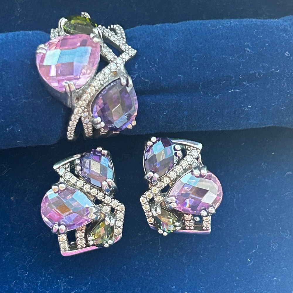 Set of 925 rhodium-plated sterling silver with zircons, David Yurman style